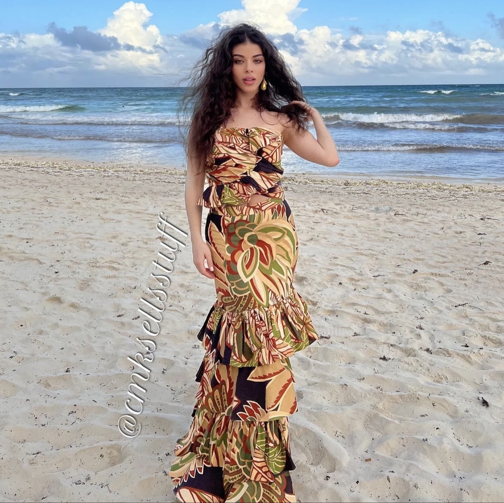 Zara LEAF ruffled linen TIER skirt multicolor S